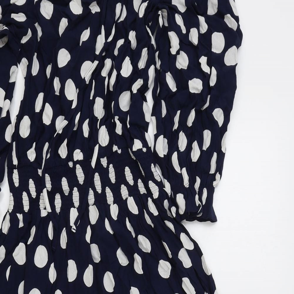 Marks and Spencer Womens Blue Polka Dot Polyester Fit & Flare Size 10 V-Neck Drawstring - Elasticated Waist