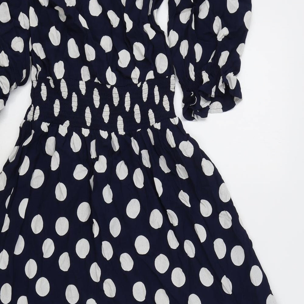 Marks and Spencer Womens Blue Polka Dot Polyester Fit & Flare Size 10 V-Neck Drawstring - Elasticated Waist