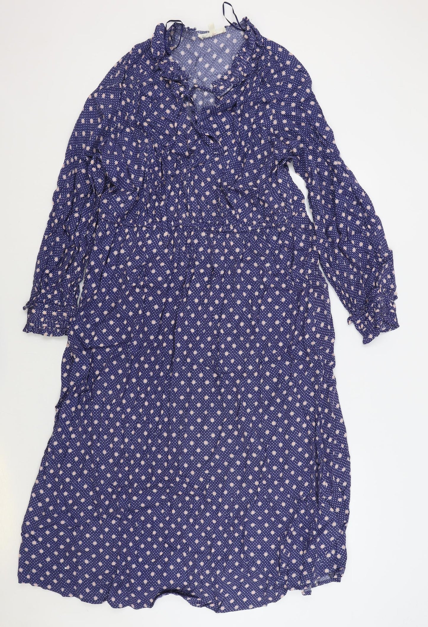 Per Una Womens Blue Geometric Viscose Fit & Flare Size 18 V-Neck Drawstring