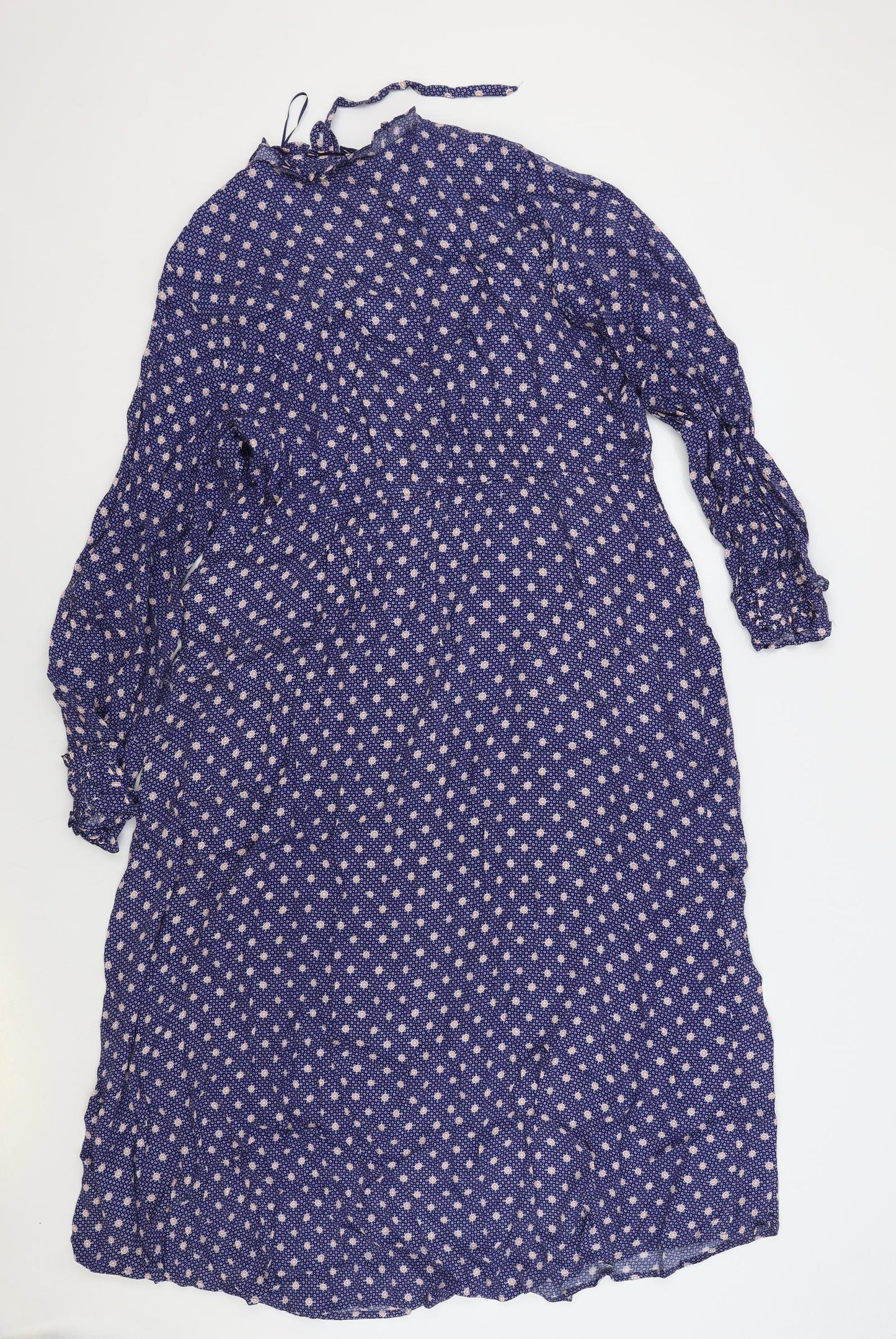 Per Una Womens Blue Geometric Viscose Fit & Flare Size 18 V-Neck Drawstring