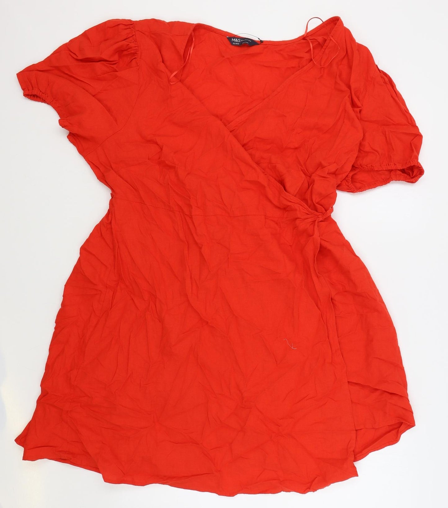 Marks and Spencer Womens Red Flax Wrap Dress Size 22 V-Neck Drawstring