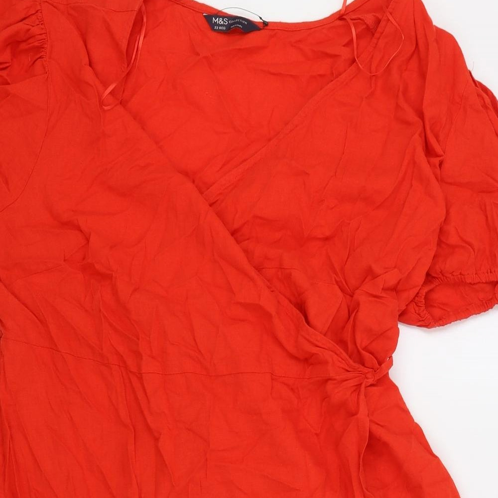 Marks and Spencer Womens Red Flax Wrap Dress Size 22 V-Neck Drawstring