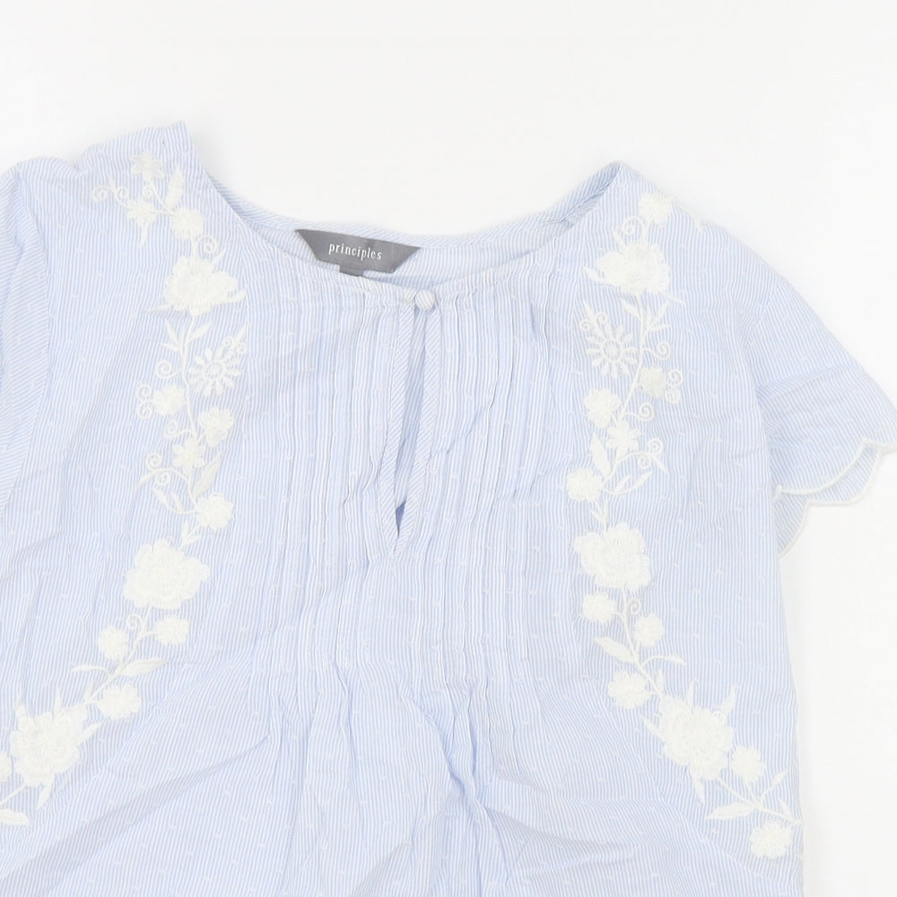 Principles Womens Blue Floral 100% Cotton Basic Blouse Size 12 V-Neck