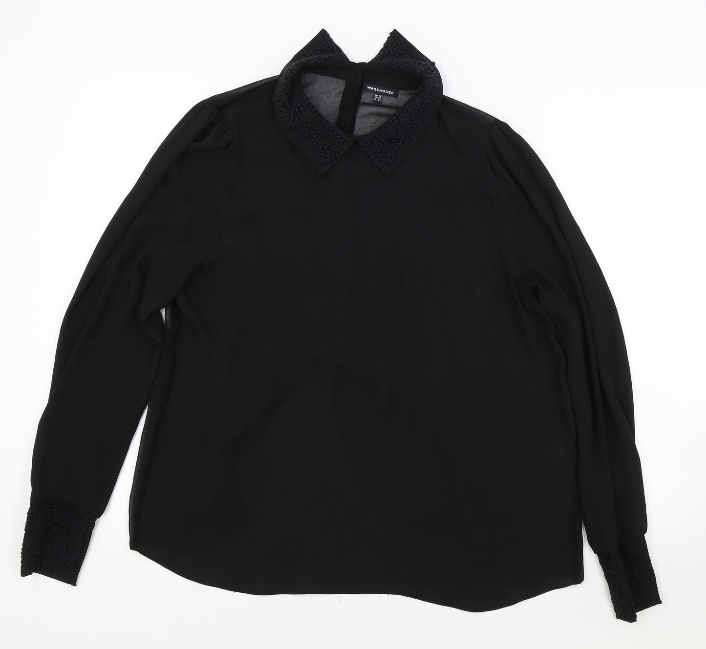 Warehouse Womens Black Polyester Basic Blouse Size 16 Collared - Lace Detail