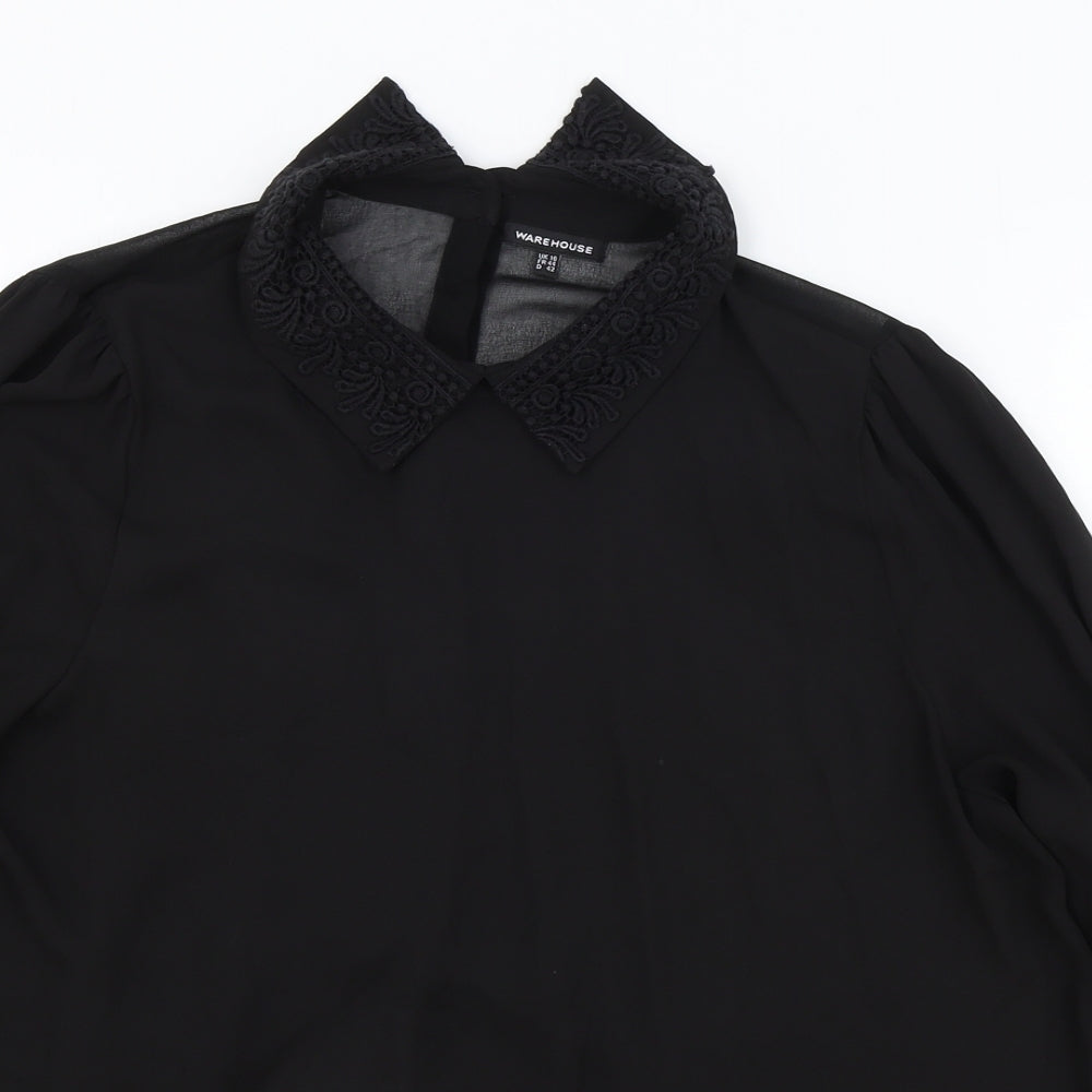 Warehouse Womens Black Polyester Basic Blouse Size 16 Collared - Lace Detail
