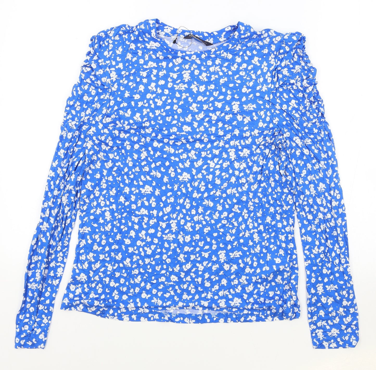 Marks & Spencers Womens Blue Floral Viscose Basic T-Shirt Size 12 Round Neck