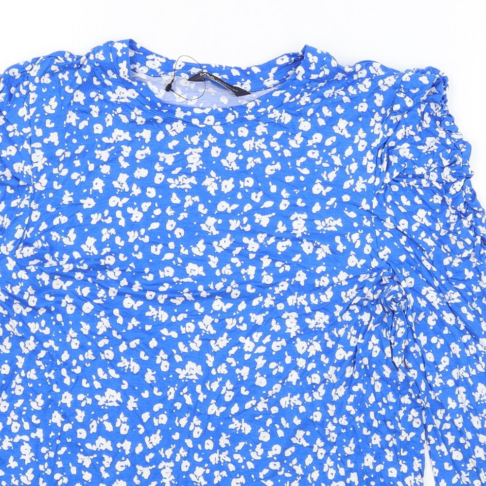 Marks & Spencers Womens Blue Floral Viscose Basic T-Shirt Size 12 Round Neck