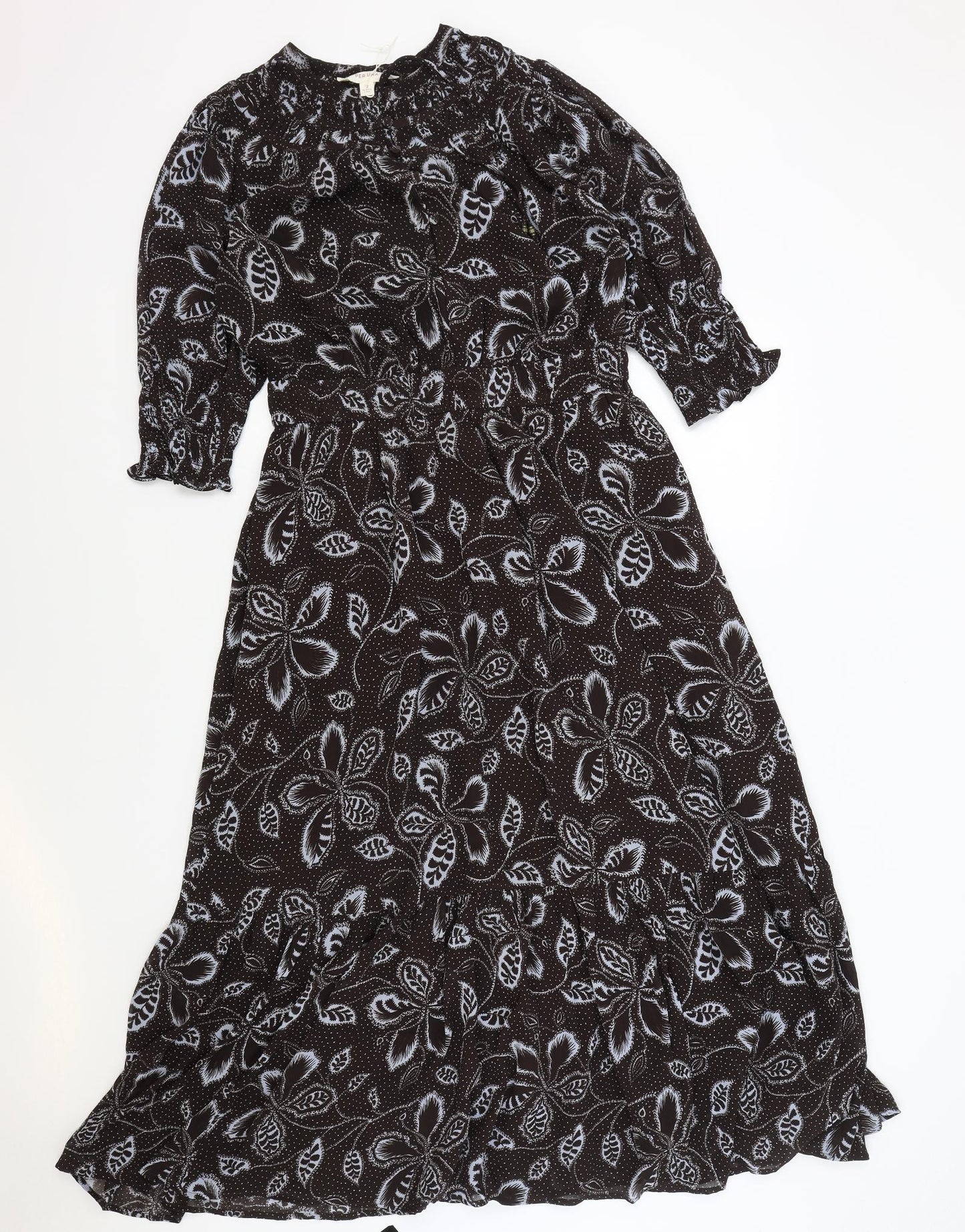 Per Una Womens Brown Floral Polyester Fit & Flare Size 12 V-Neck Button - Elasticated Waist