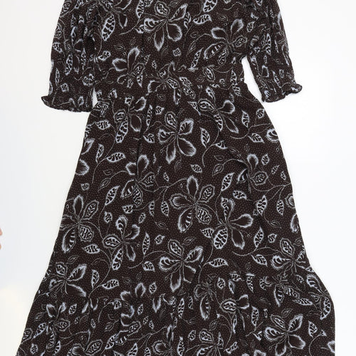 Per Una Womens Brown Floral Polyester Fit & Flare Size 12 V-Neck Button - Elasticated Waist