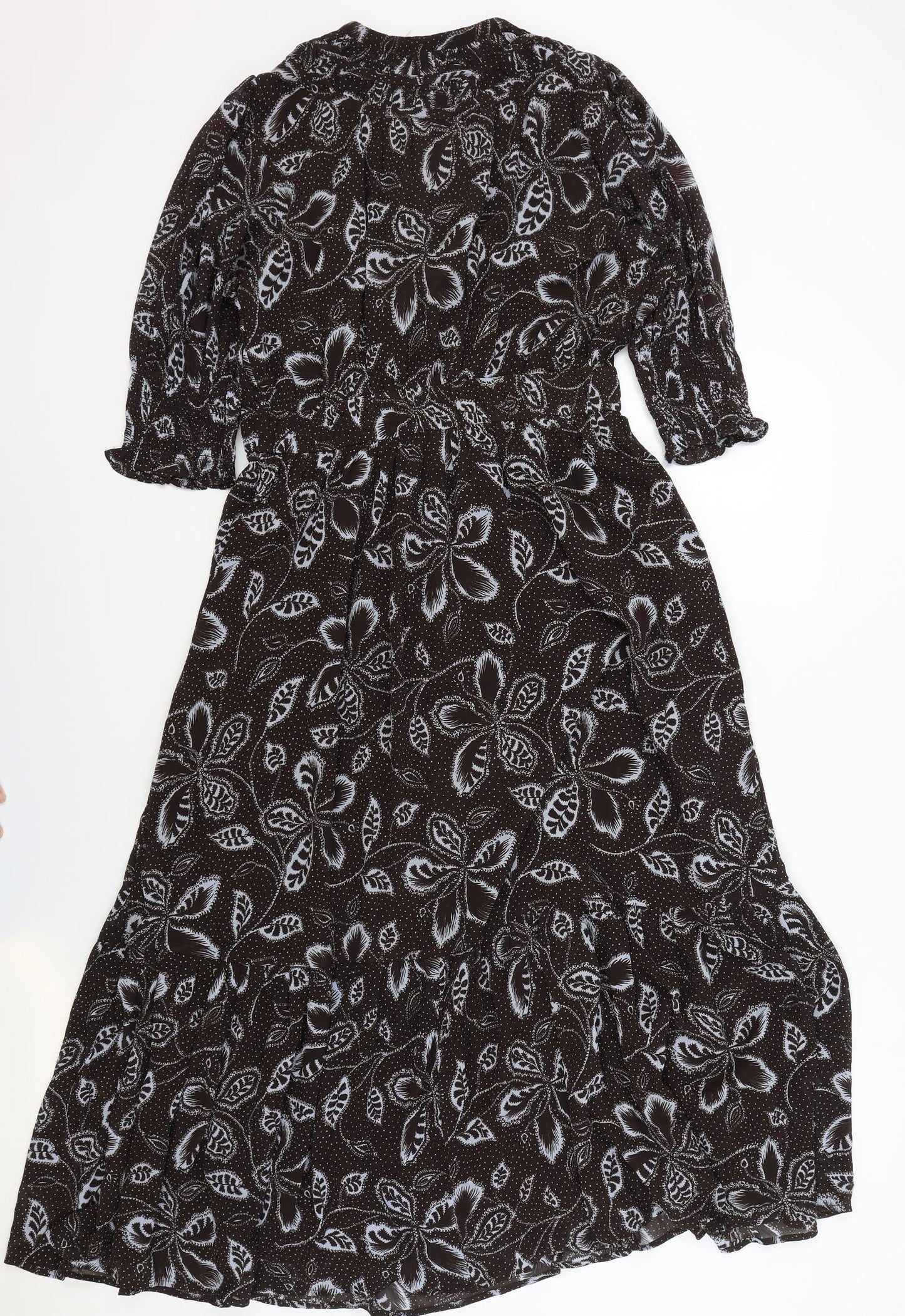 Per Una Womens Brown Floral Polyester Fit & Flare Size 12 V-Neck Button - Elasticated Waist