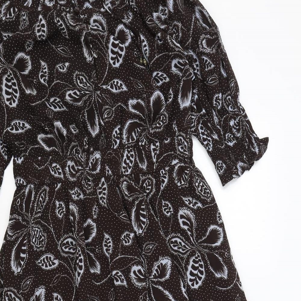 Per Una Womens Brown Floral Polyester Fit & Flare Size 12 V-Neck Button - Elasticated Waist