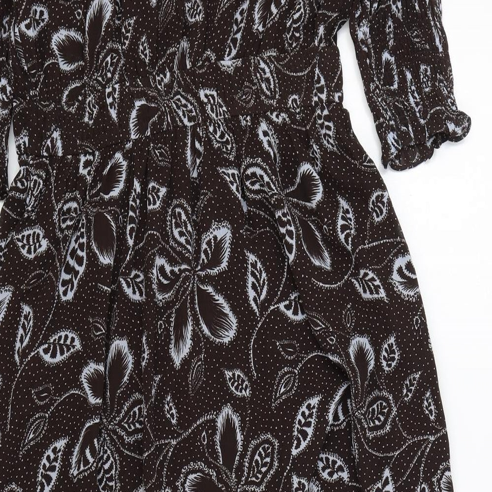 Per Una Womens Brown Floral Polyester Fit & Flare Size 12 V-Neck Button - Elasticated Waist