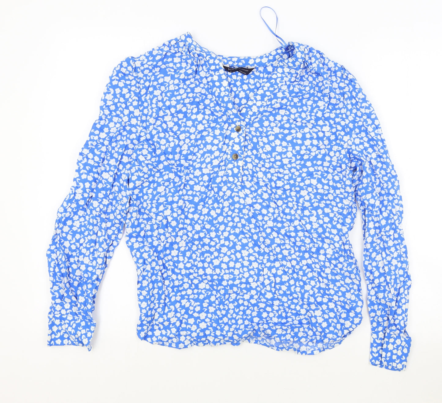 Marks and Spencer Womens Blue Floral Viscose Basic Blouse Size 8 V-Neck