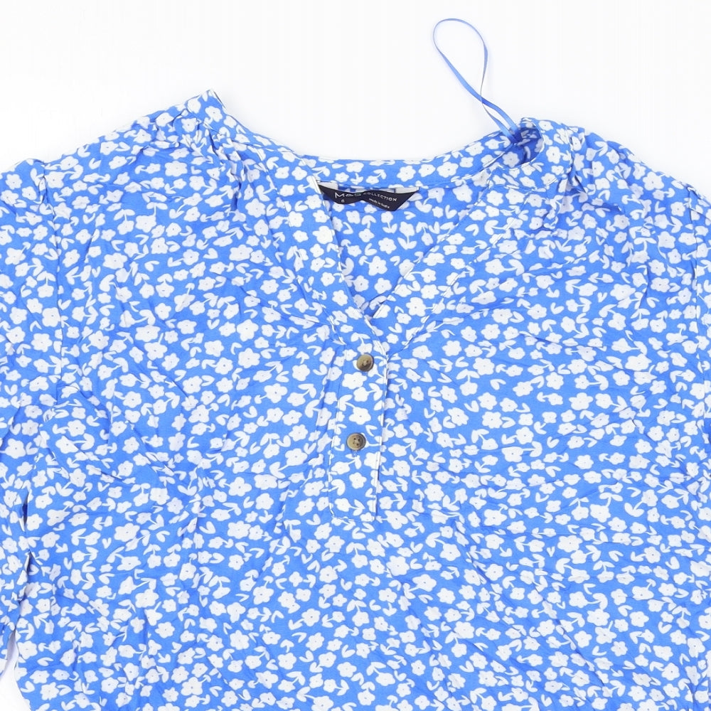 Marks and Spencer Womens Blue Floral Viscose Basic Blouse Size 8 V-Neck