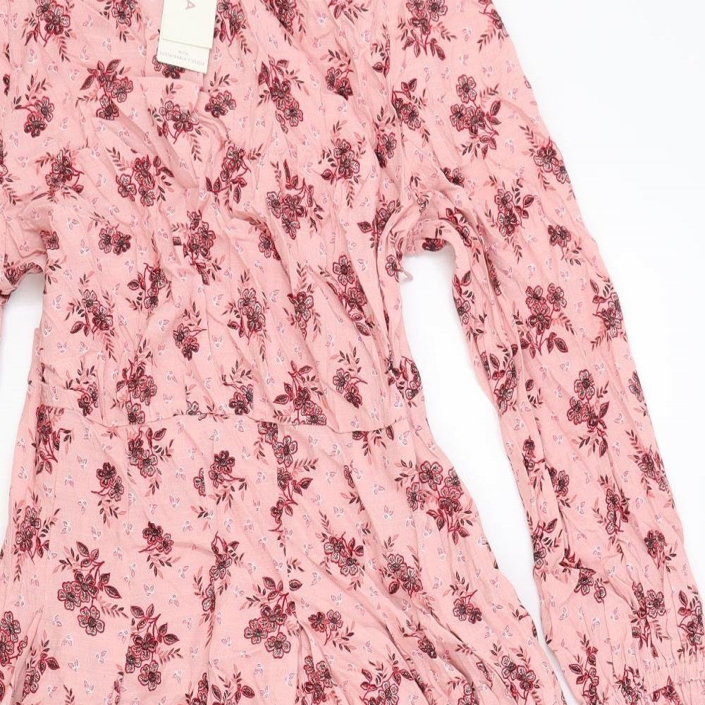Per Una Womens Pink Floral Viscose Fit & Flare Size 14 Round Neck Zip