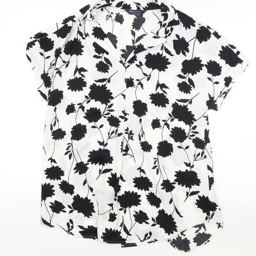 Marks and Spencer Womens White Floral Polyester Basic Blouse Size 8 V-Neck