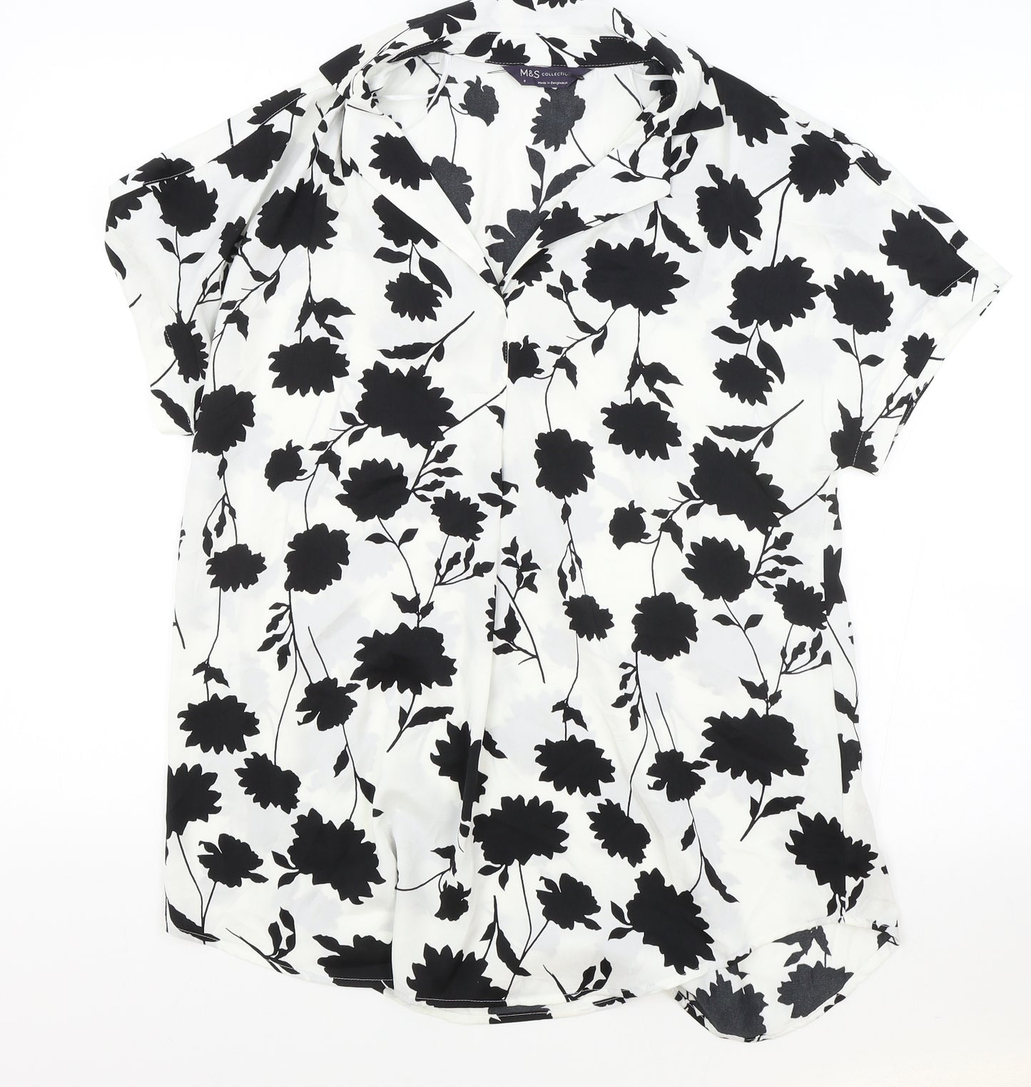 Marks and Spencer Womens White Floral Polyester Basic Blouse Size 8 V-Neck