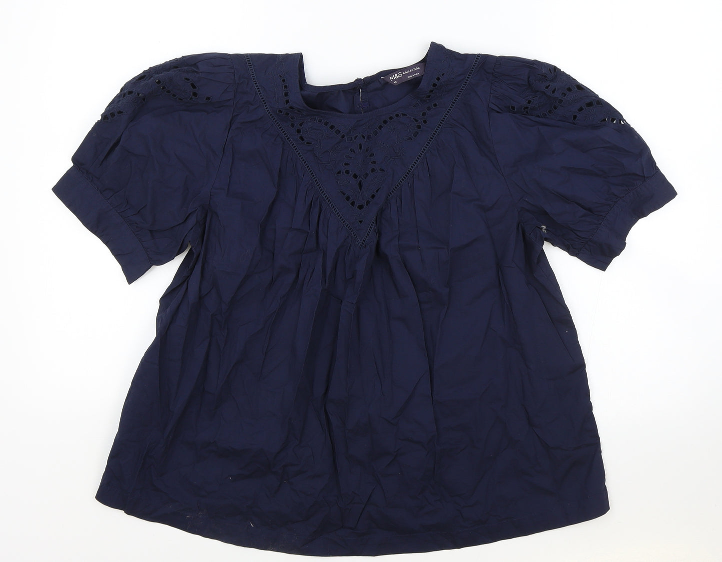 Marks and Spencer Womens Blue 100% Cotton Tunic T-Shirt Size 12 Boat Neck - Lace Detail