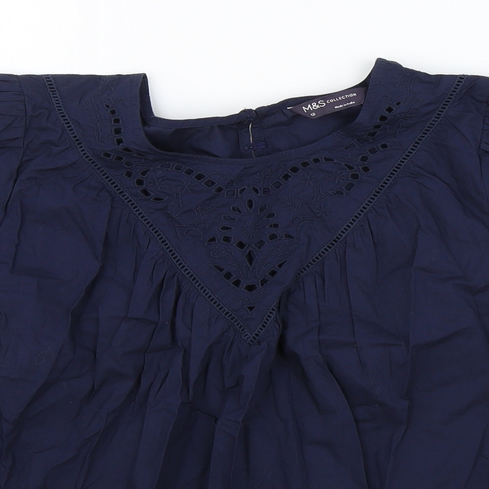 Marks and Spencer Womens Blue 100% Cotton Tunic T-Shirt Size 12 Boat Neck - Lace Detail