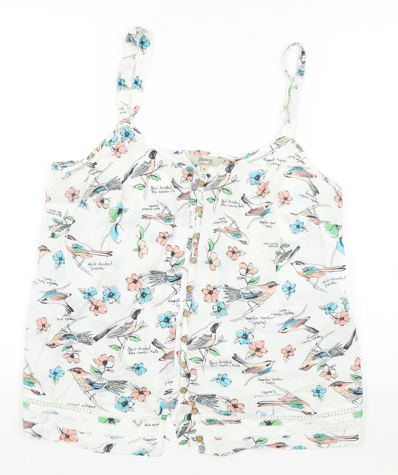 Mantaray Womens White Floral 100% Cotton Camisole Tank Size 16 V-Neck - Lace Detail