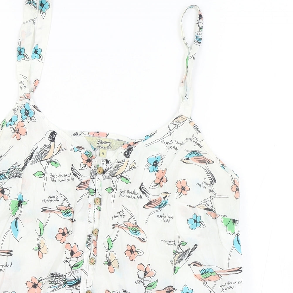 Mantaray Womens White Floral 100% Cotton Camisole Tank Size 16 V-Neck - Lace Detail