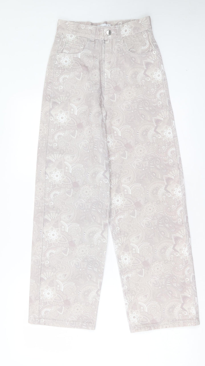 Shekou Womens Grey Geometric Linen Straight Jeans Size 2XS L27 in Regular Button