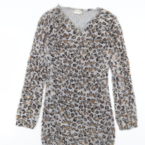 VOULEY VOUS Womens Brown Animal Print Acrylic Jumper Dress Size S V-Neck Pullover