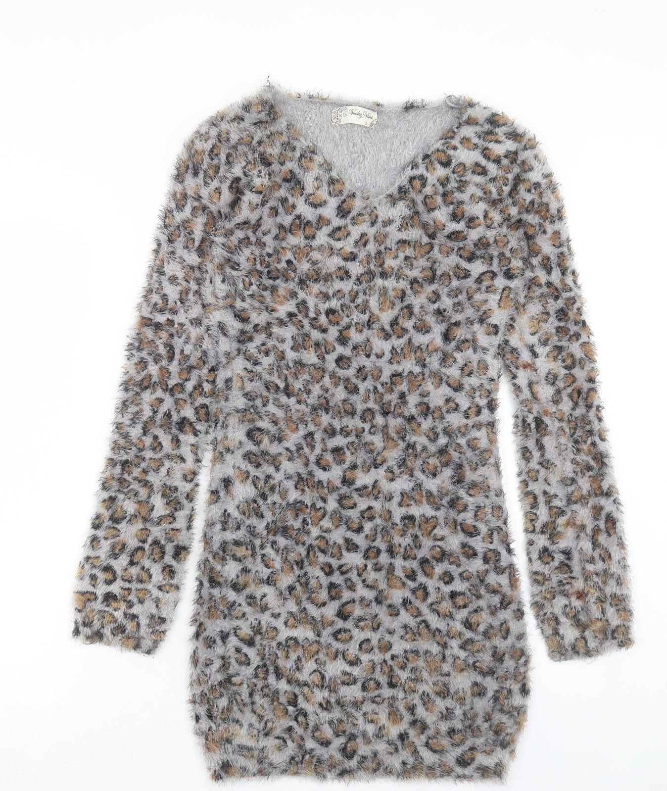 VOULEY VOUS Womens Brown Animal Print Acrylic Jumper Dress Size S V-Neck Pullover