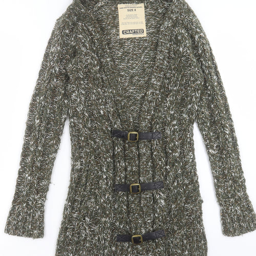 Crafted Womens Green V-Neck Acrylic Cardigan Jumper Size 8 - Buckle Detail