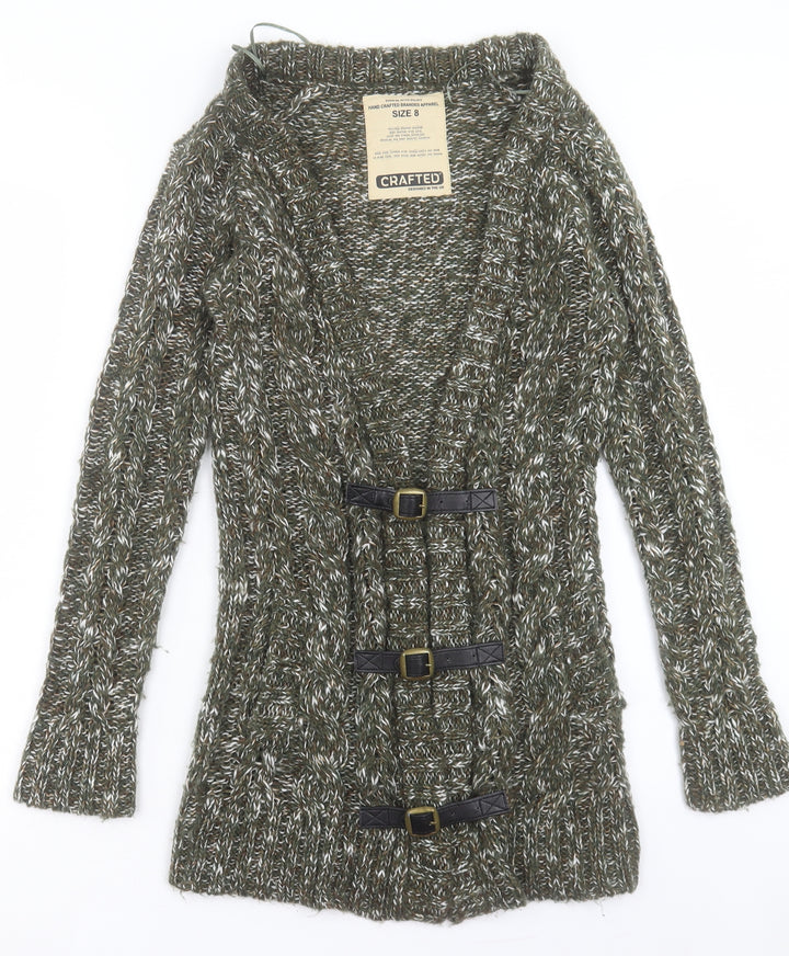 Crafted Womens Green V-Neck Acrylic Cardigan Jumper Size 8 - Buckle Detail