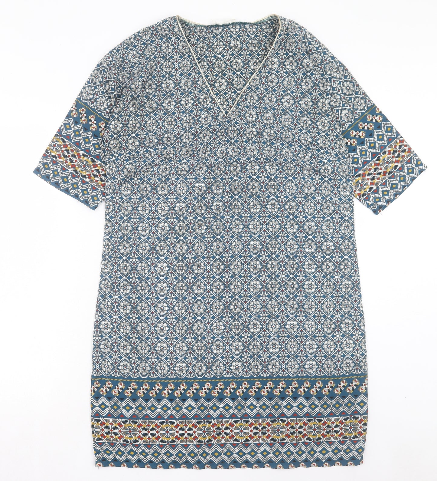 Cache Cache Womens Blue Geometric Polyester A-Line Size 10 V-Neck Pullover