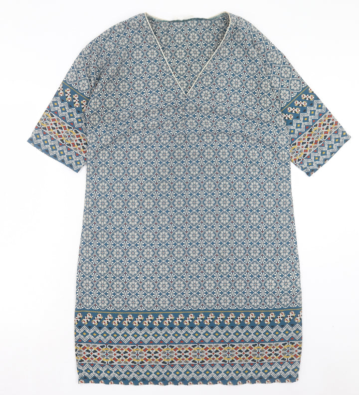 Cache Cache Womens Blue Geometric Polyester A-Line Size 10 V-Neck Pullover