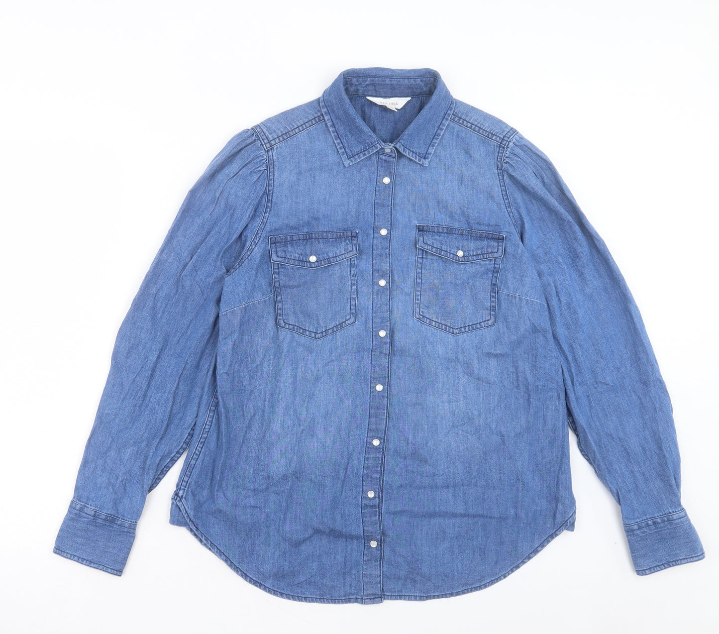 Per Una Womens Blue Cotton Basic Button-Up Size 12 Collared
