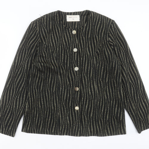 bonmarch Womens Black Animal Print Jacket Size 14 Button