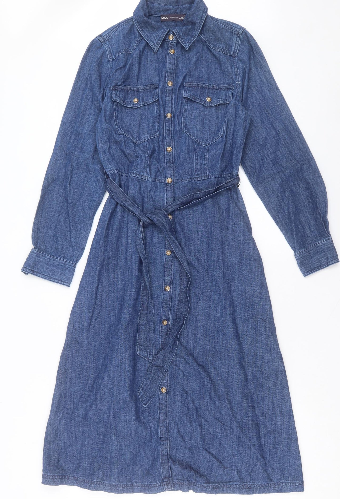 Marks and Spencer Womens Blue Cotton Shirt Dress Size 8 Collared Button