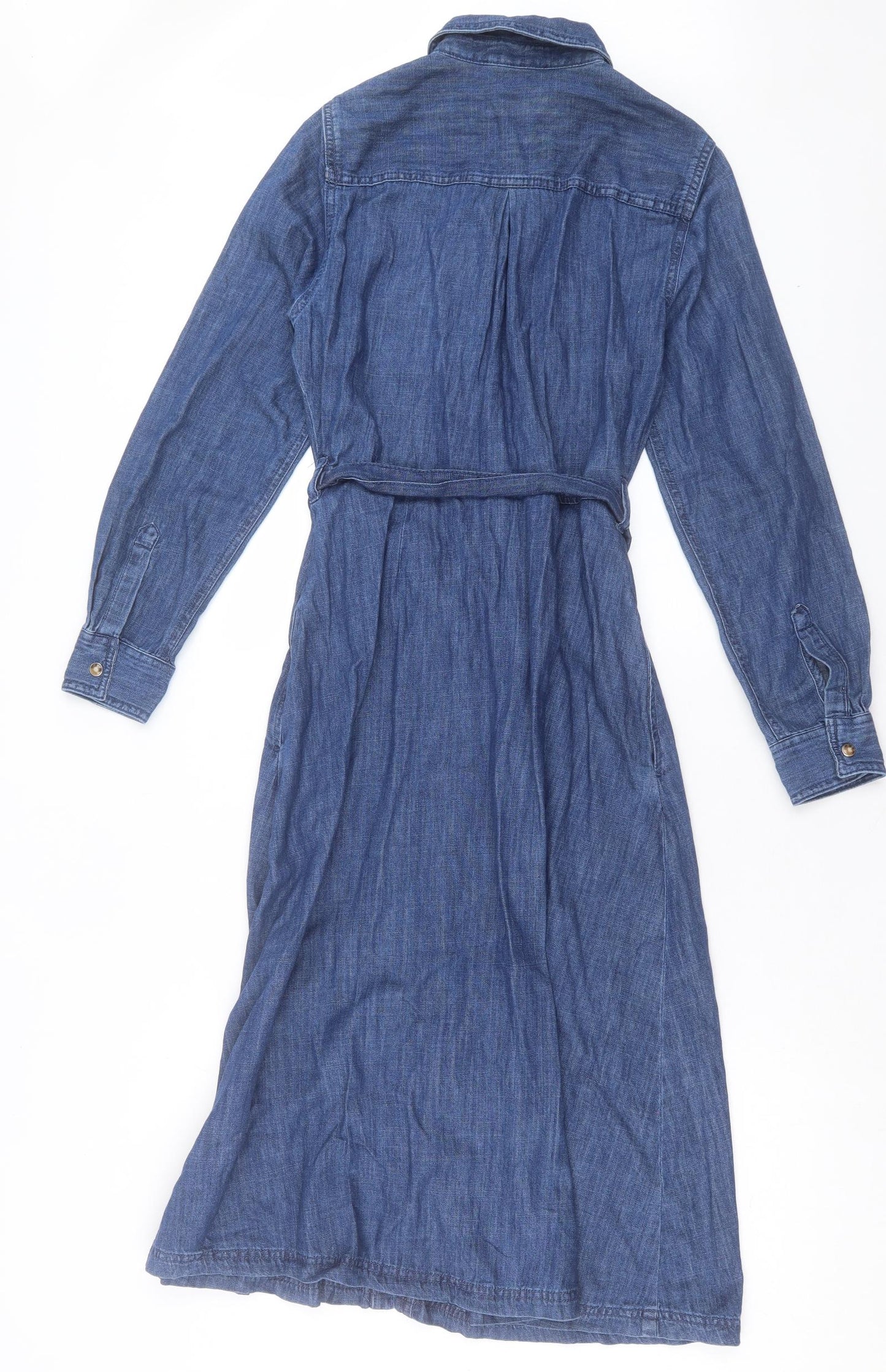 Marks and Spencer Womens Blue Cotton Shirt Dress Size 8 Collared Button