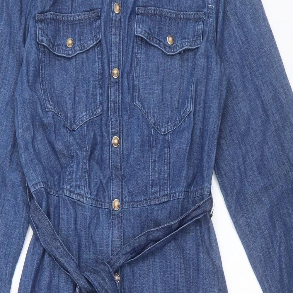 Marks and Spencer Womens Blue Cotton Shirt Dress Size 8 Collared Button