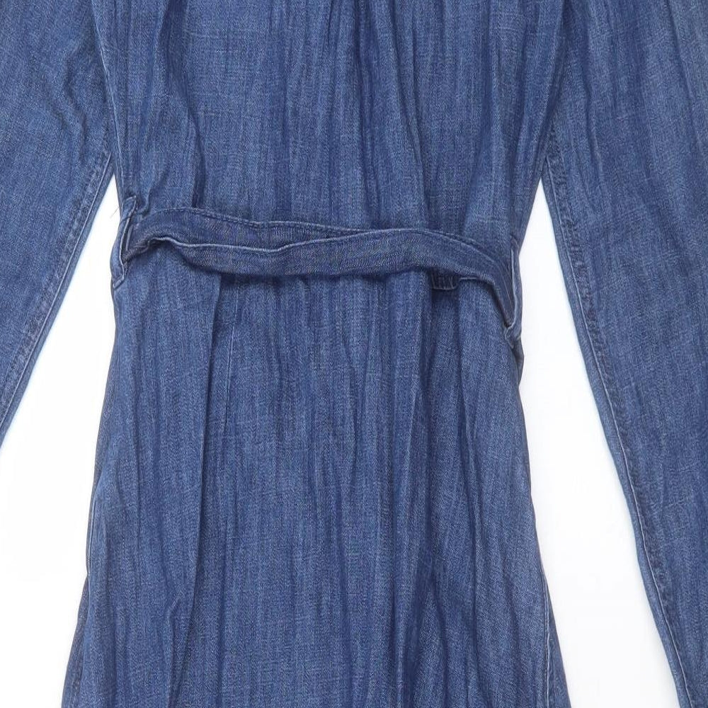Marks and Spencer Womens Blue Cotton Shirt Dress Size 8 Collared Button