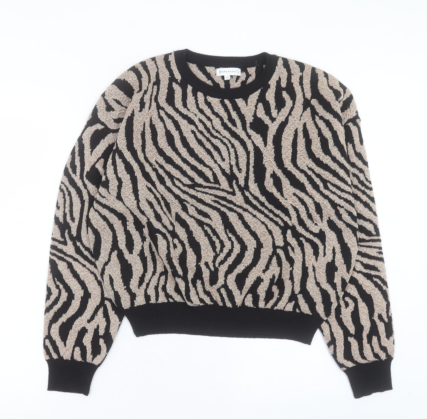 Warehouse Womens Black Crew Neck Animal Print Viscose Pullover Jumper Size S