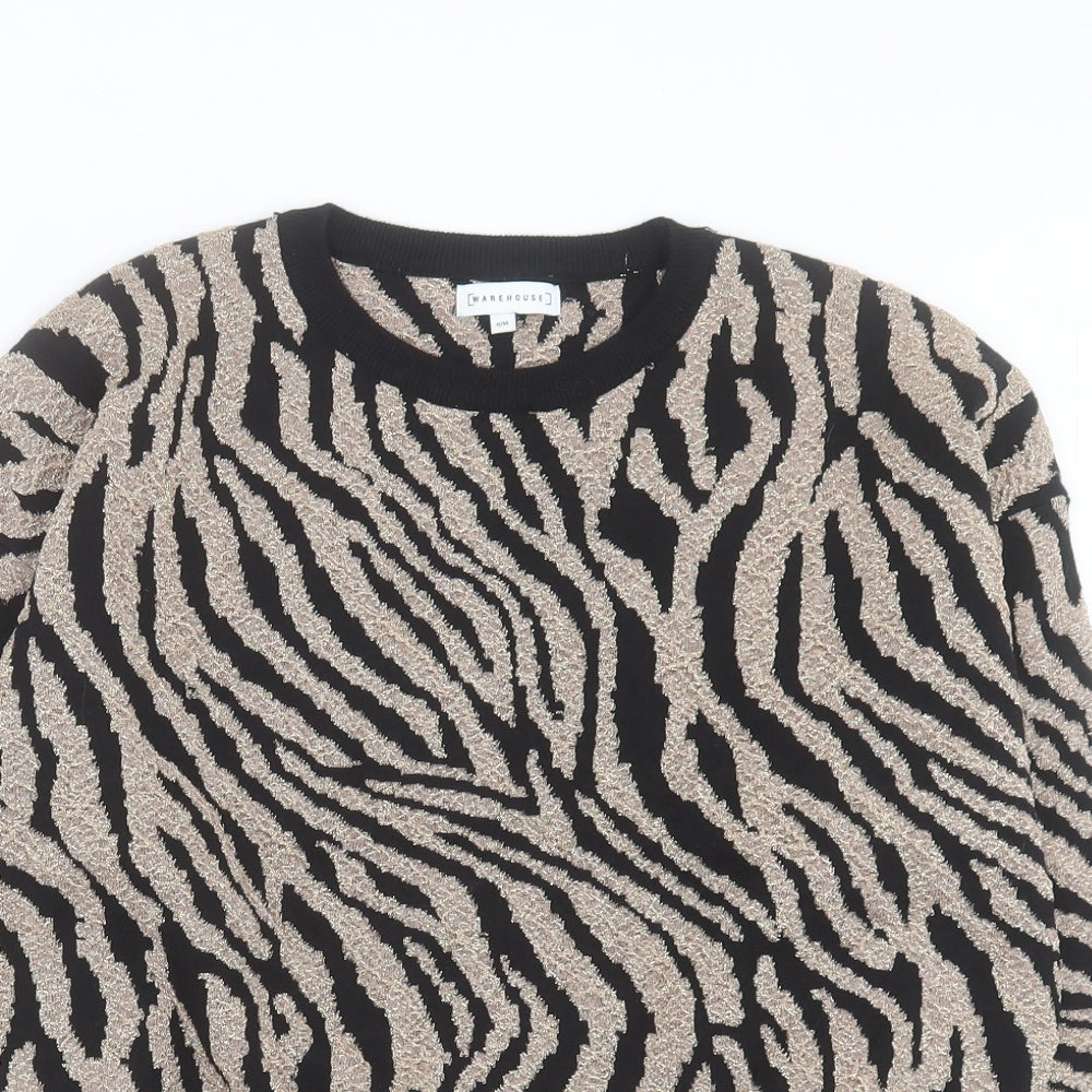 Warehouse Womens Black Crew Neck Animal Print Viscose Pullover Jumper Size S