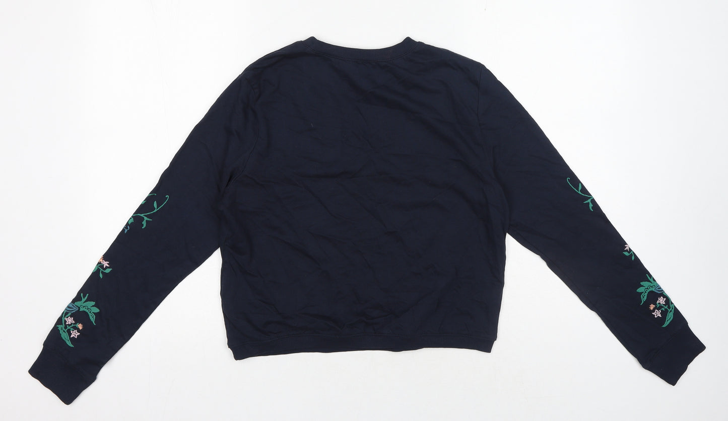 Primark Womens Blue Cotton Pullover Sweatshirt Size S Pullover - Flower embroidery on sleeves