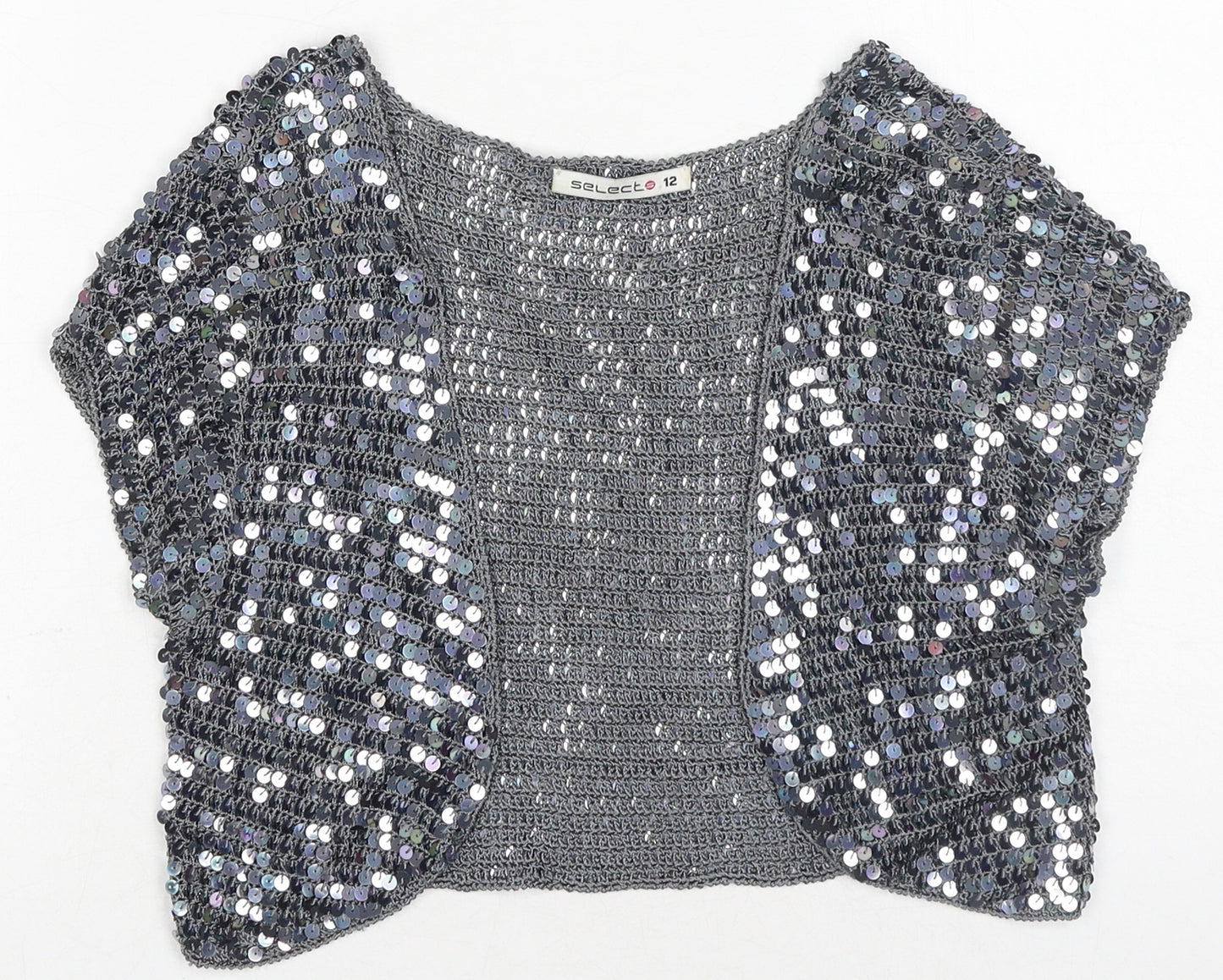 Select Womens Silver Viscose Cropped Blouse Size 12 V-Neck - Sequins