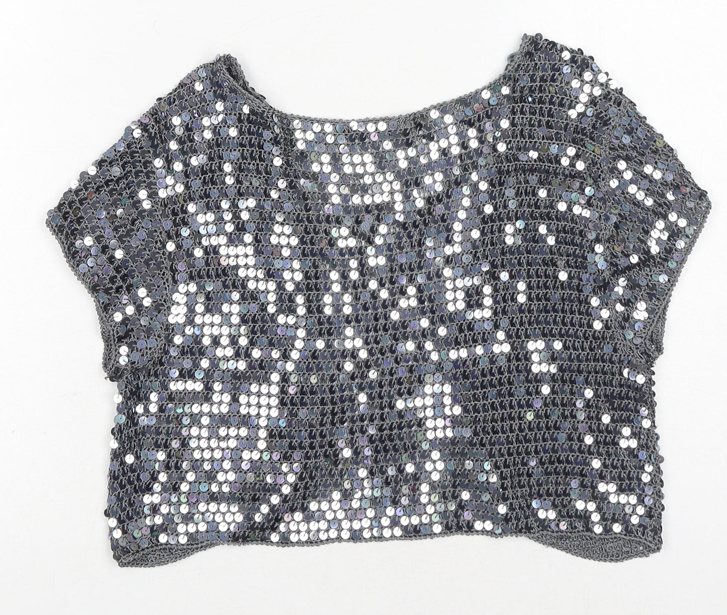 Select Womens Silver Viscose Cropped Blouse Size 12 V-Neck - Sequins