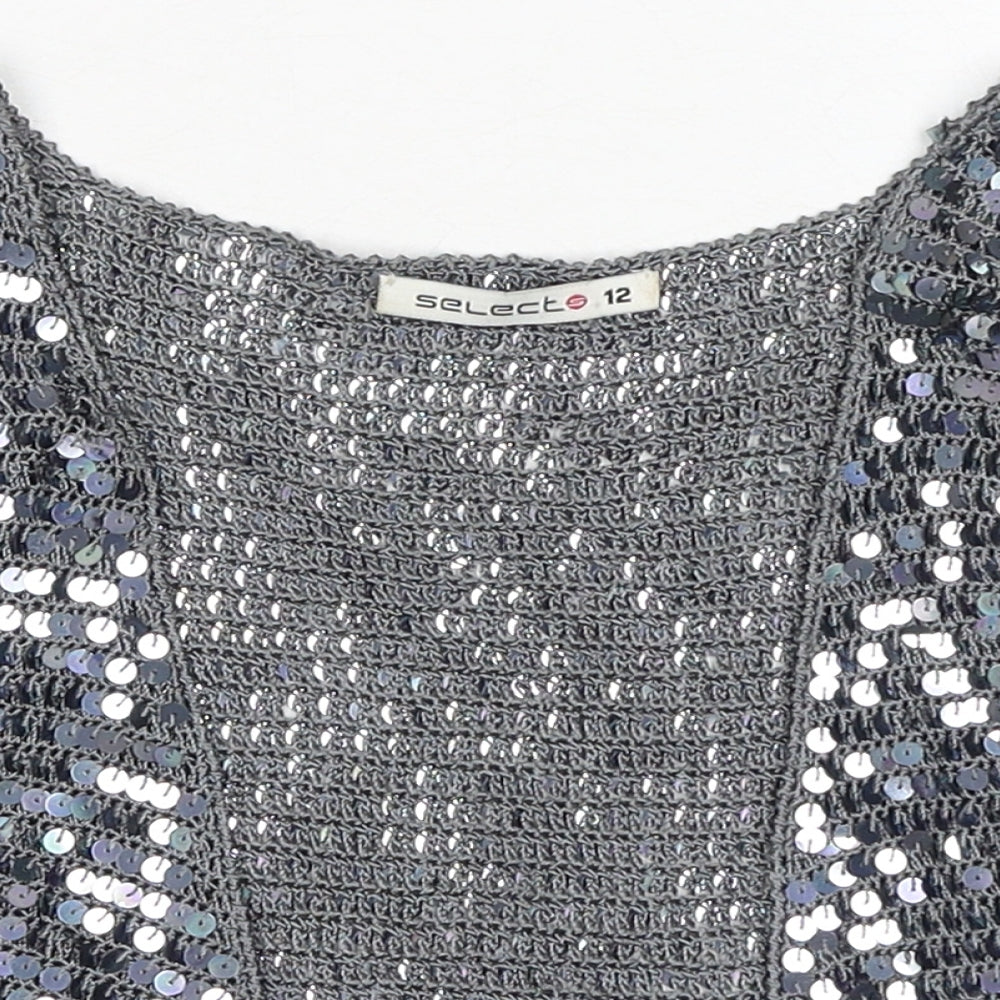 Select Womens Silver Viscose Cropped Blouse Size 12 V-Neck - Sequins
