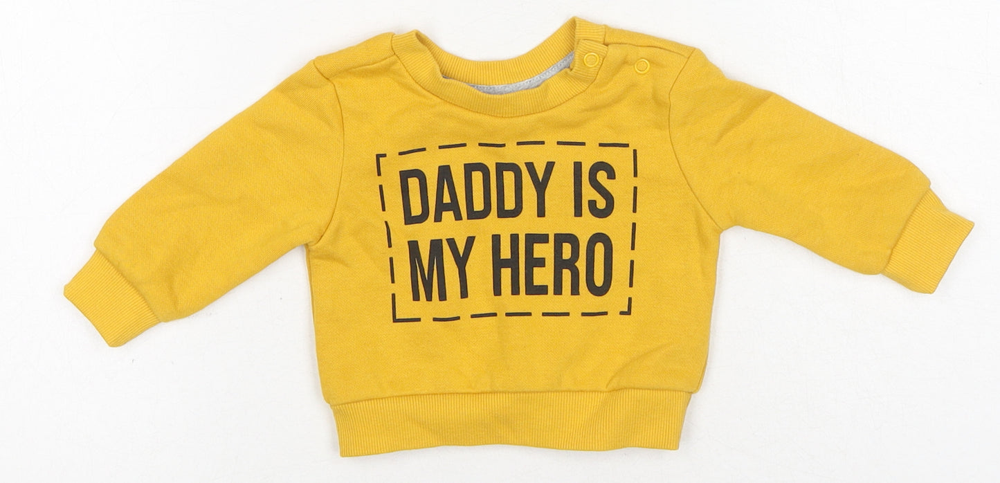 Primark Boys Yellow Cotton Basic Casual Size 0-3 Months Crew Neck Pullover - Daddy Is My Hero Slogan