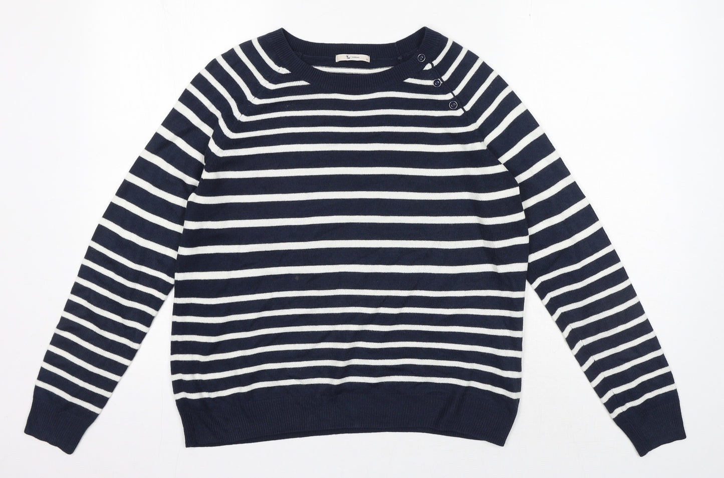 TU Womens Blue Striped Acrylic Basic T-Shirt Size 12 Crew Neck