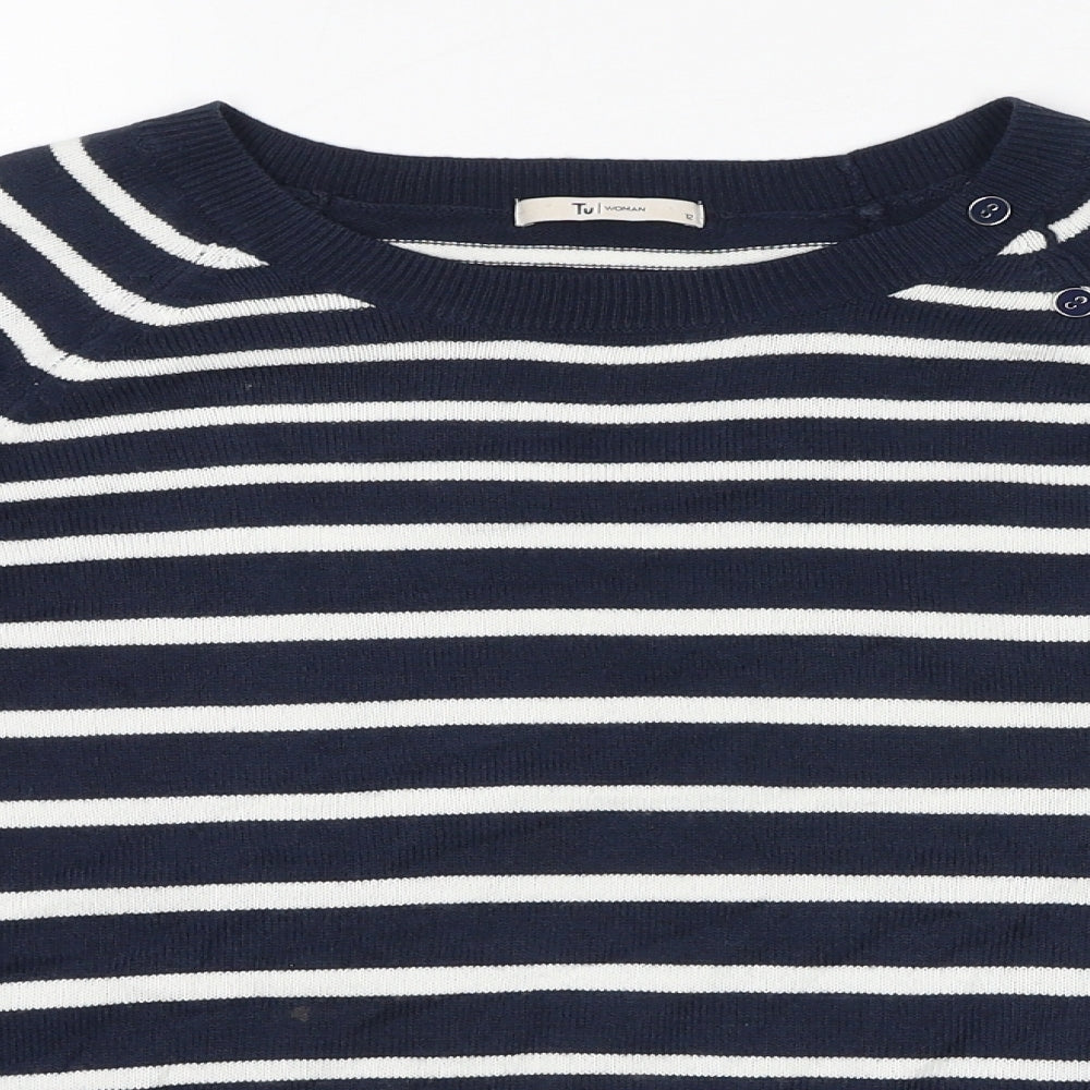 TU Womens Blue Striped Acrylic Basic T-Shirt Size 12 Crew Neck