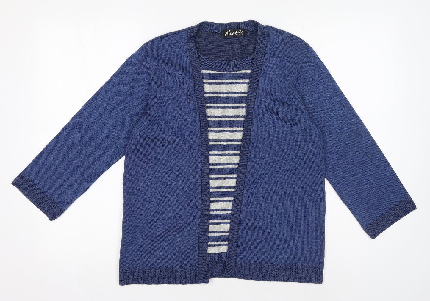Alexara Womens Blue Round Neck Striped Elastane Pullover Jumper Size L - 2 in 1 cardigan and jumper