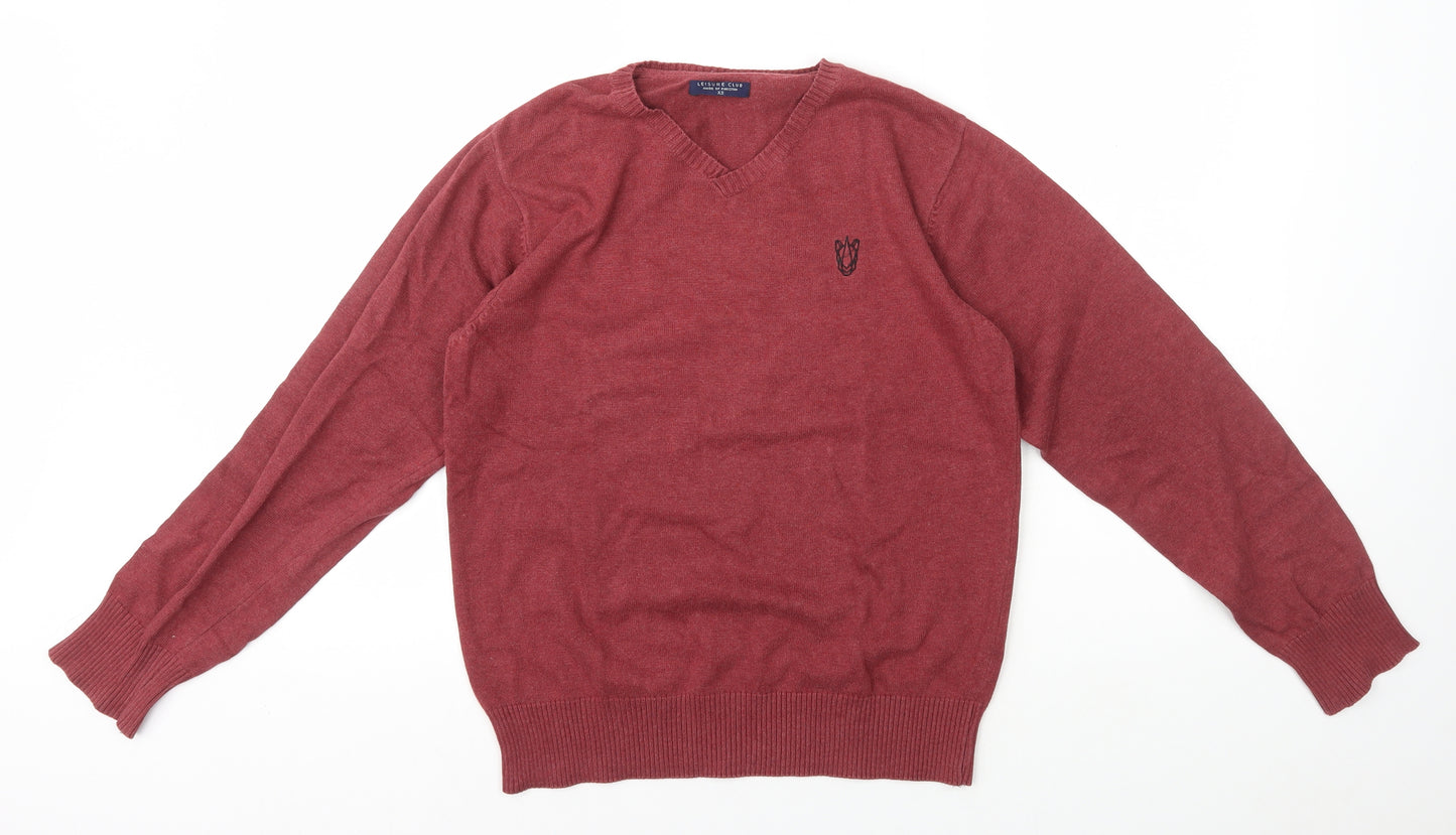 Leisure Club Mens Red V-Neck Cotton Pullover Jumper Size XS