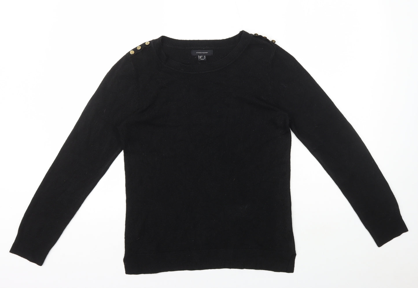 Atmosphere Womens Black Round Neck Acrylic Pullover Jumper Size 12 - Button Detail on Shoulder